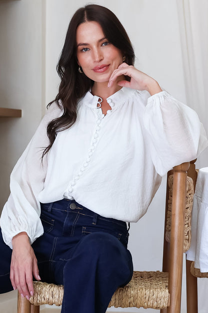 Portia Blouse - Button Down Mandarin Collar Shirt in Cream