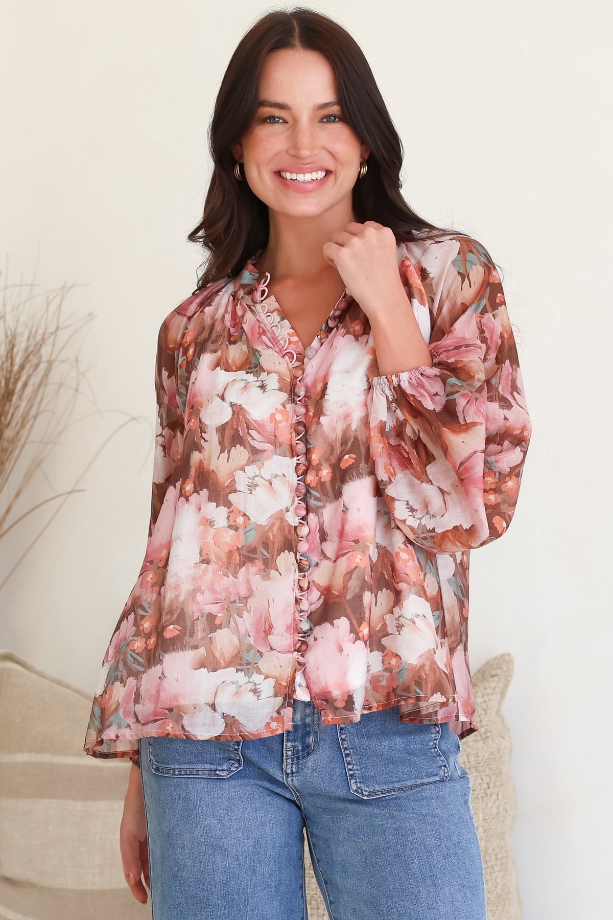 Portia Blouse - Button Down Mandarin Collar Shirt in Serafina Print