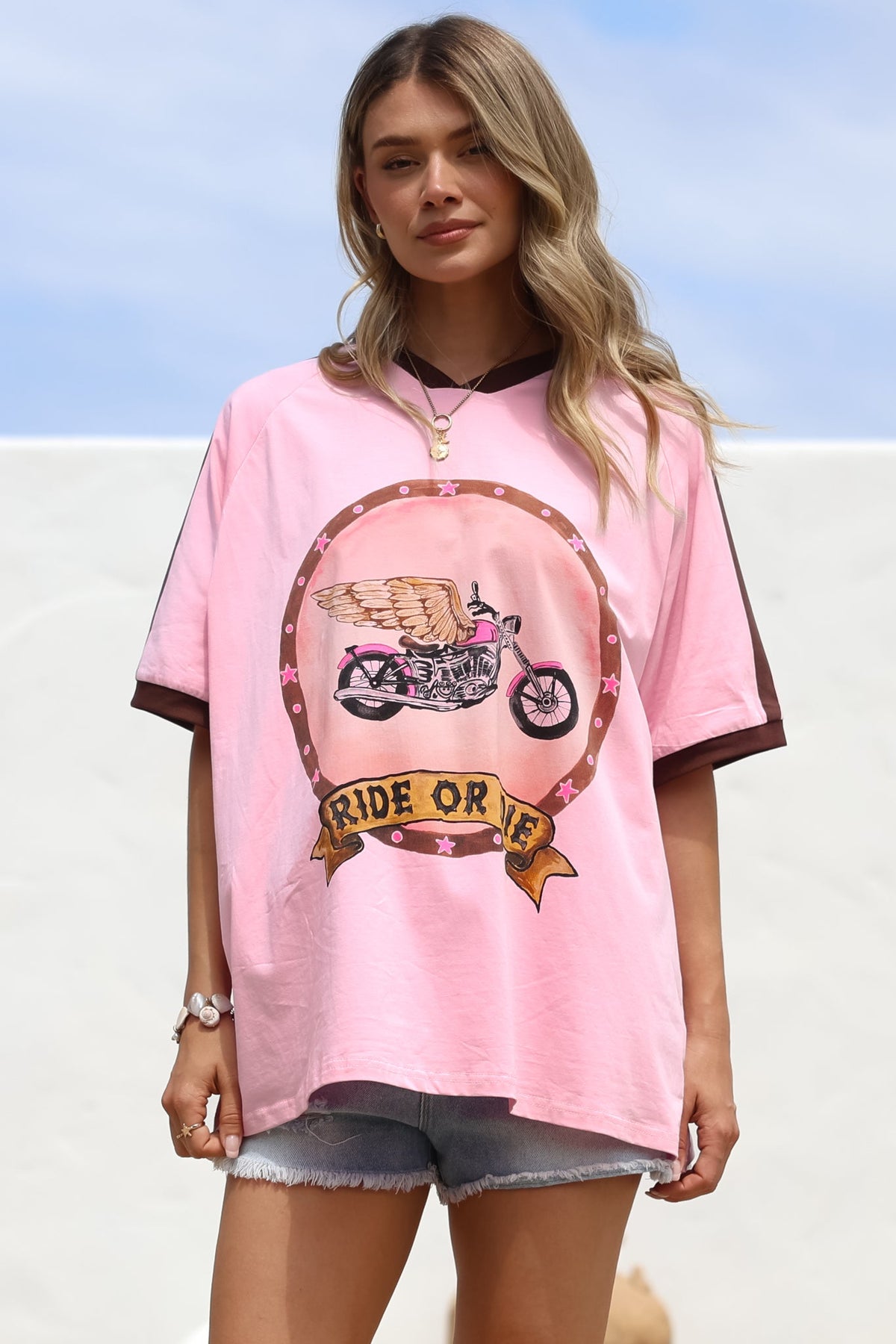 Ride Or Die Tee - Graphic Print Short Sleeve T-Shirt with Racer Stripe Sleeves in Pink