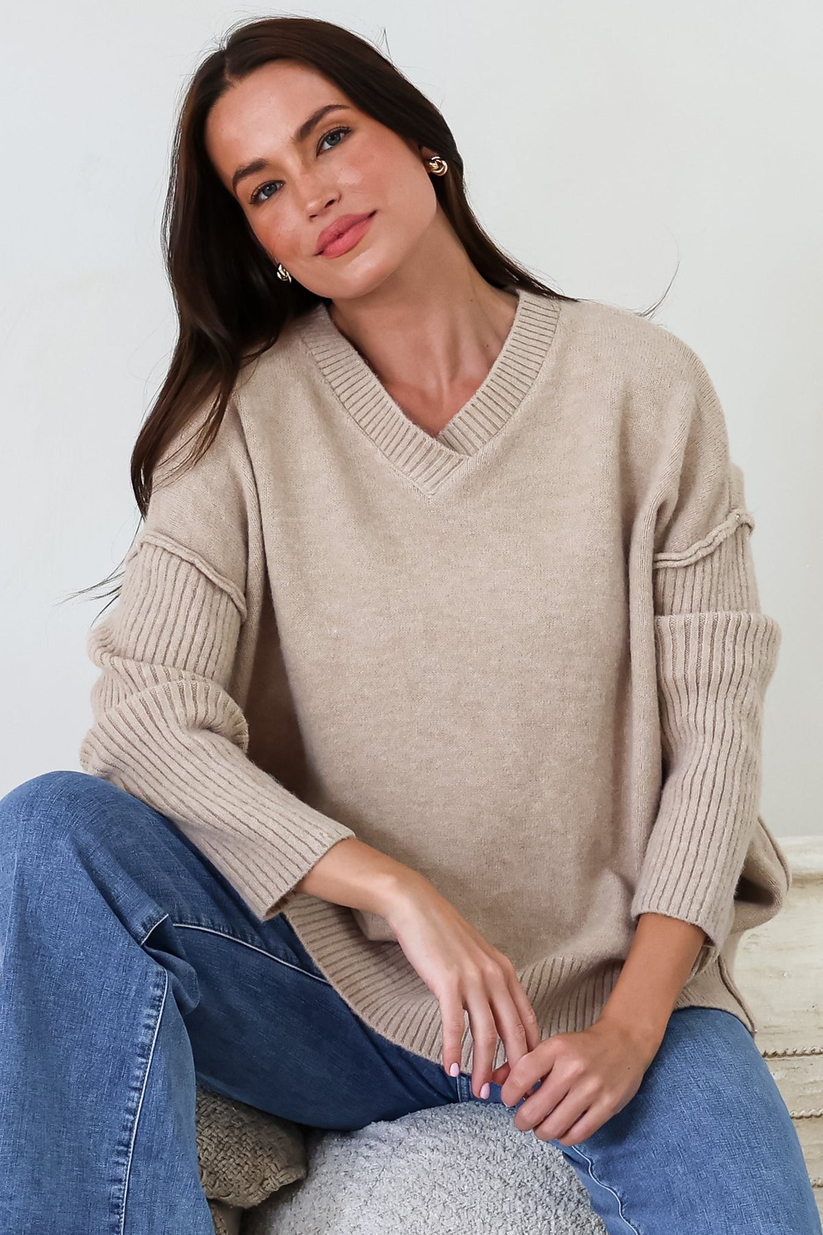 Ridge Jumper - V Neck Relaxed Shark Bite Ribbed Hemline Knit in Beige