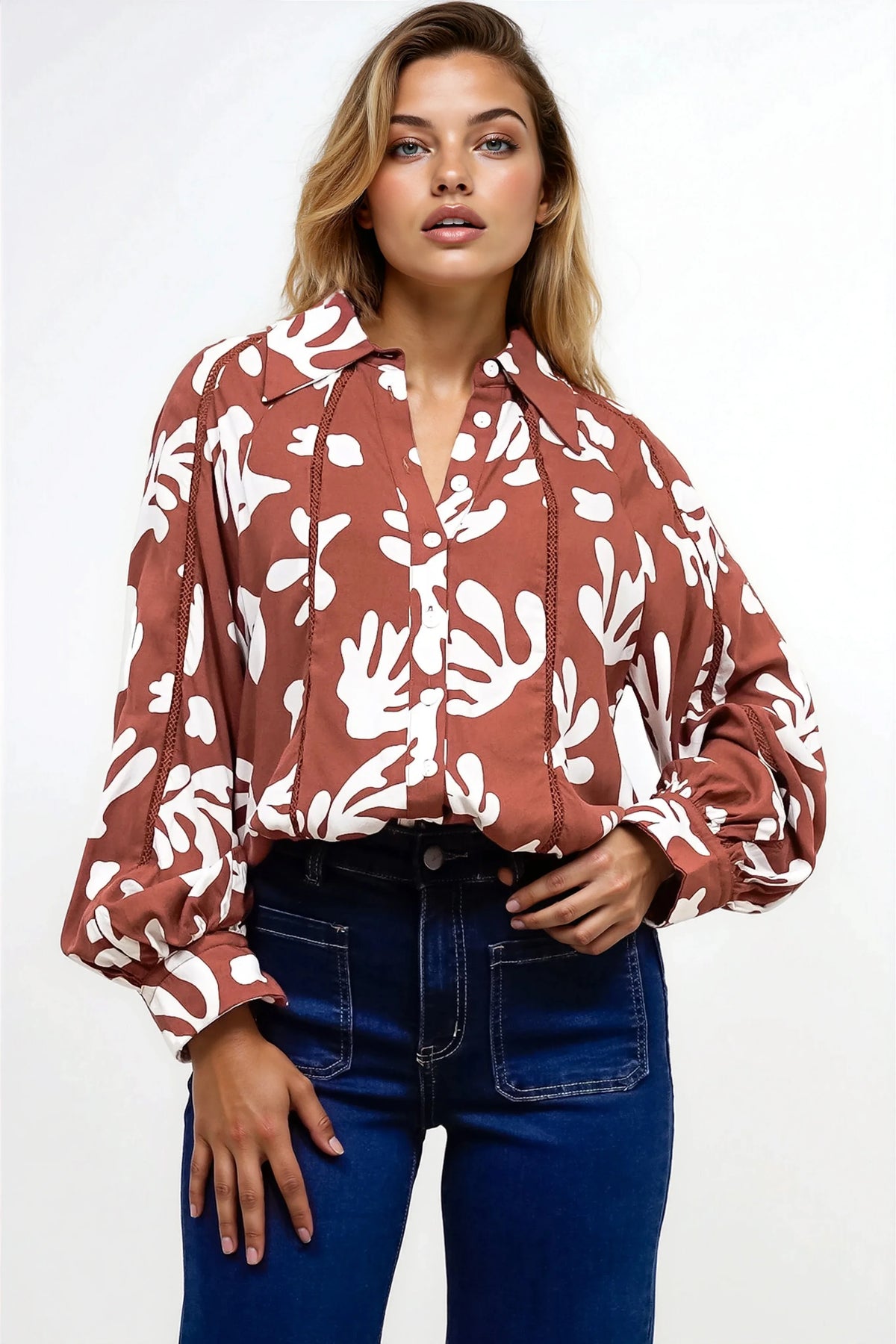 Romy Shirt - Collared Button Down with Long Sleeves in Stassie Print Brown