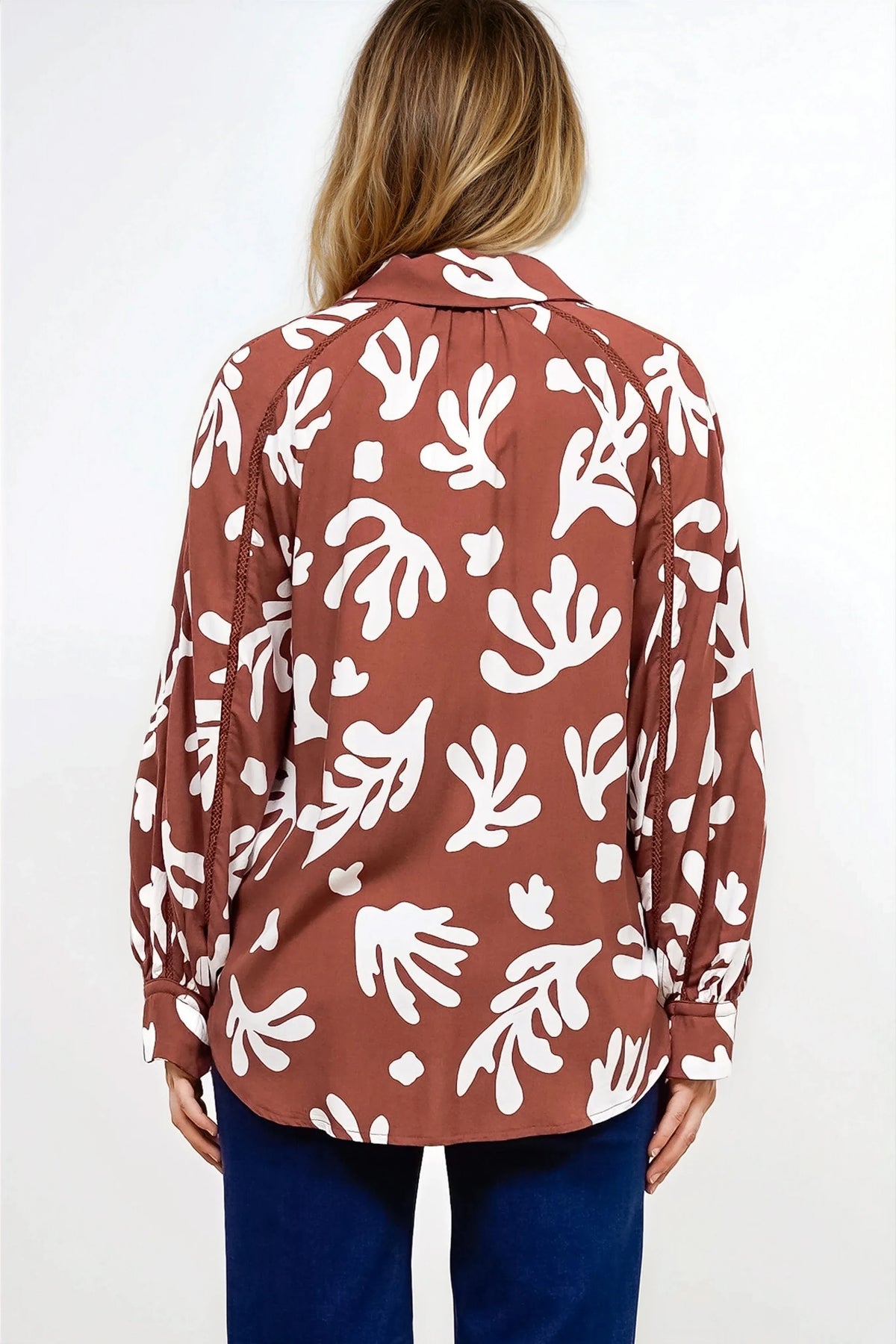 Romy Shirt - Collared Button Down with Long Sleeves in Stassie Print Brown