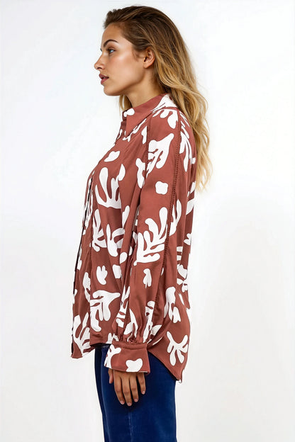 Romy Shirt - Collared Button Down with Long Sleeves in Stassie Print Brown