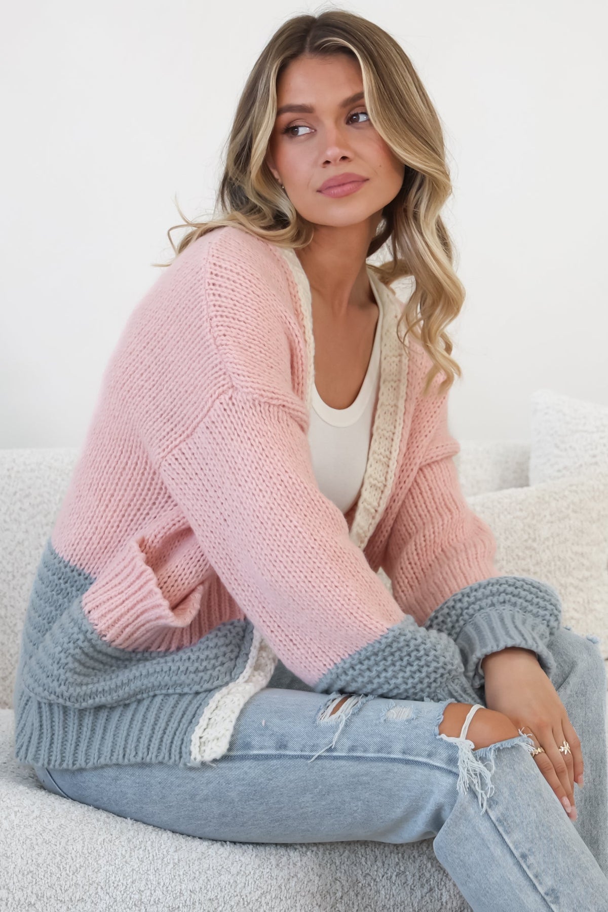 Rosie Cardigan - Cropped Colour Block Cardigan in Fairy Floss