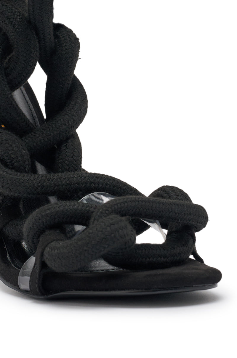 AKIRA GOLD BLACK ROPE STRAP STILETTO SANDAL