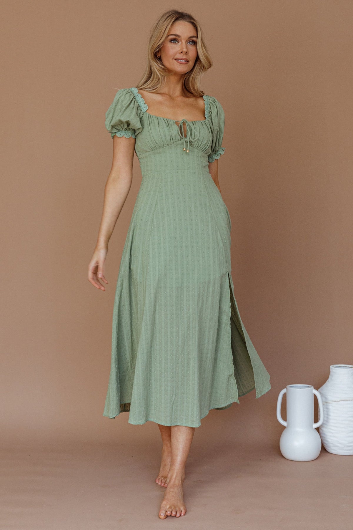 Chablis Gathered Bust Puff Sleeve Midi Dress Sage