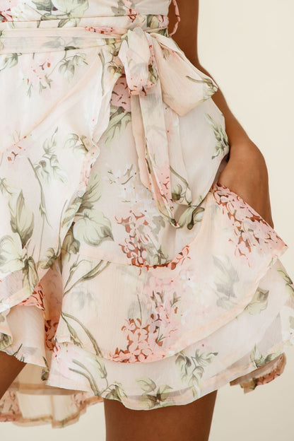Cami Angel Sleeve Faux Wrap Dress Hydrangea Print Nude