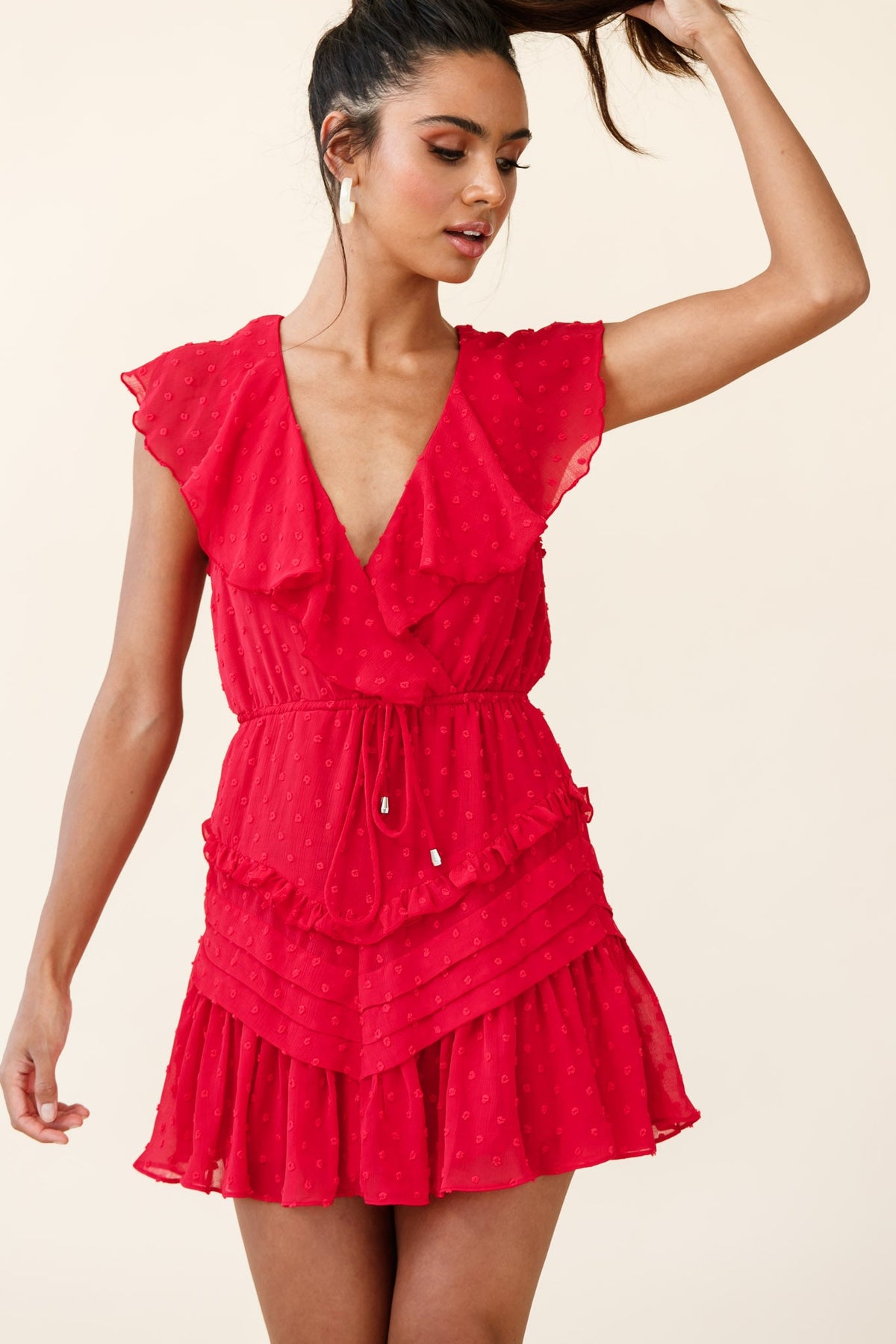 Willah Pintuck And Frill Detail Drawstring Dress Red Textured