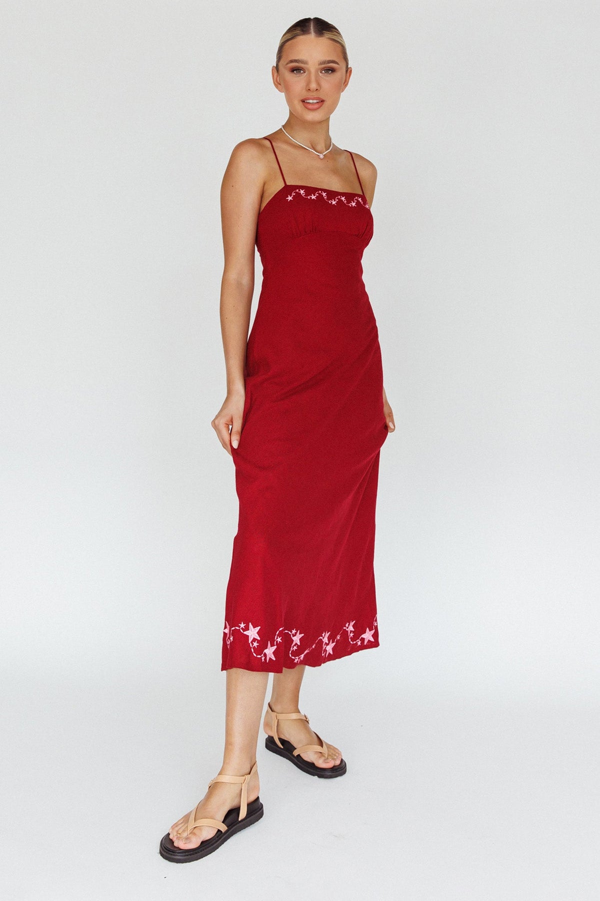 Star Garden Embroidered Midi Dress Wine