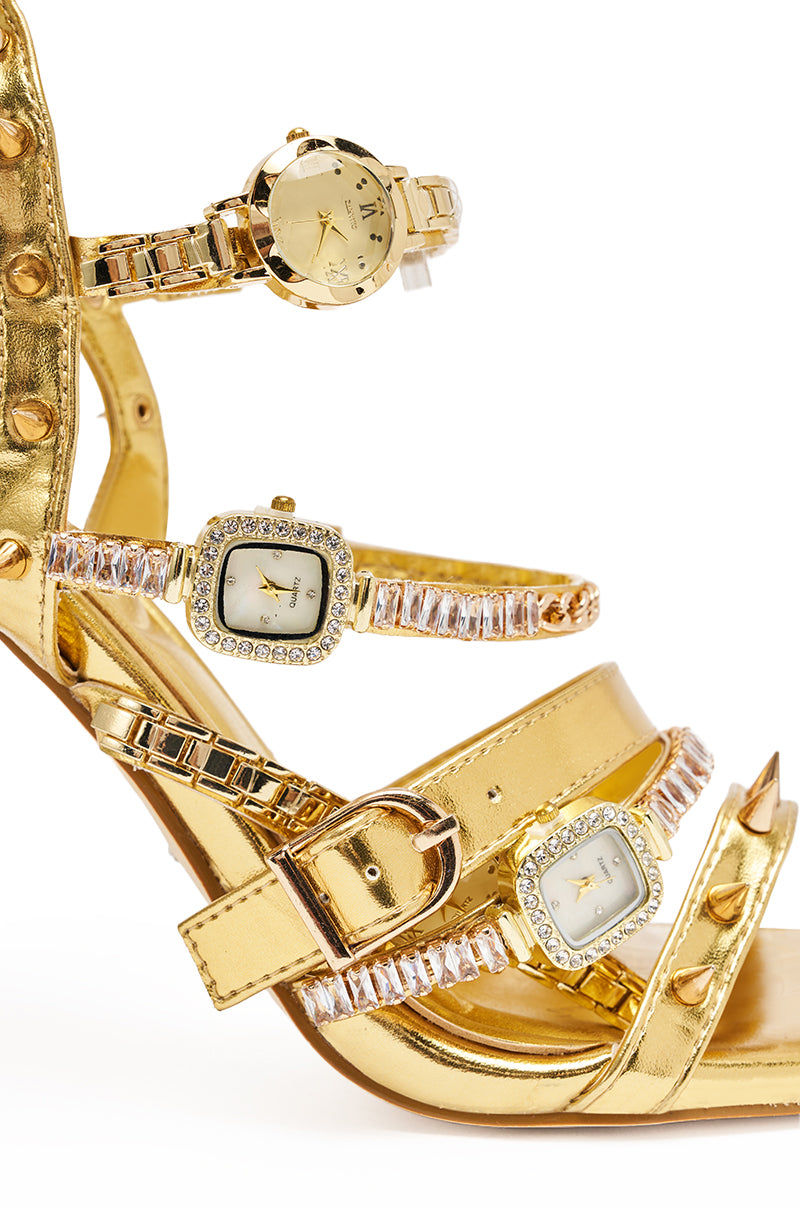 AKIRA GOLD SYDONIC GOLD WATCH STILETTO SANDAL