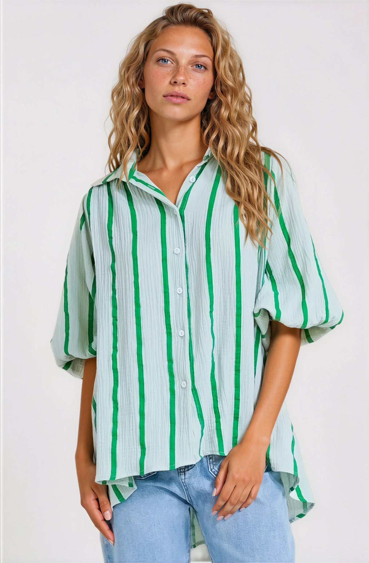 Samsara Shirt - Collared Oversized Button Down with Balloon Sleeves in Green Stripe