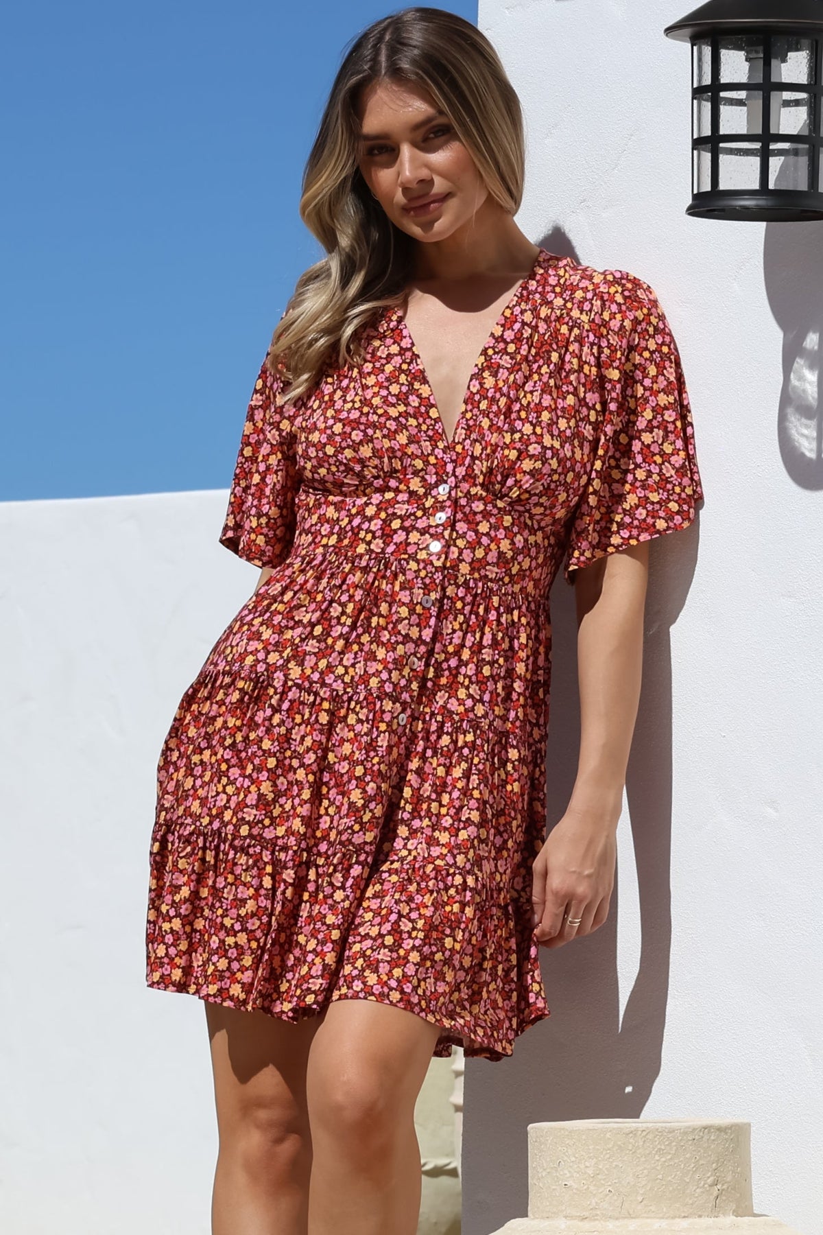 Sana Mini Dress - Bell Sleeve Button Down V Neck Dress in Rosina Print