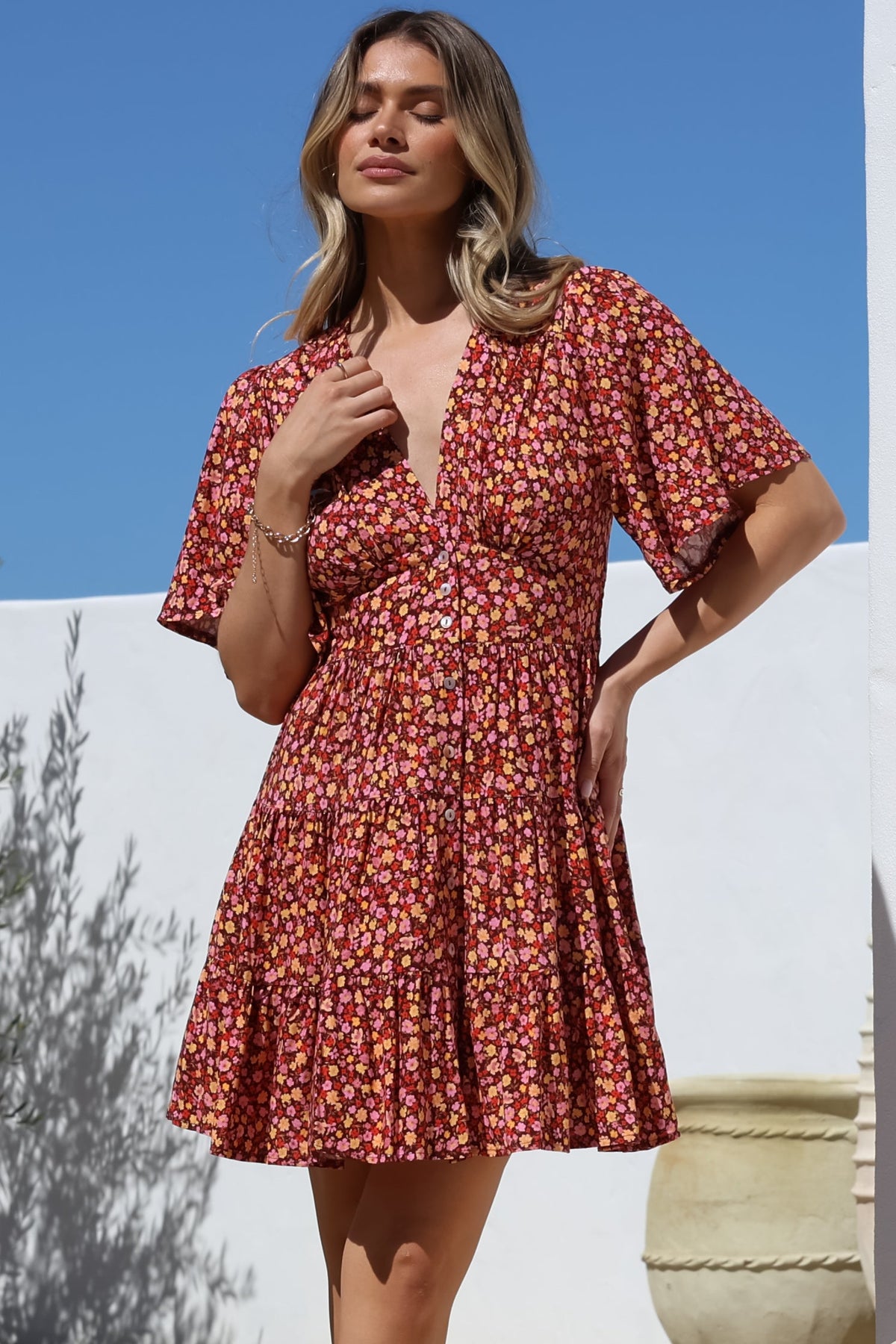 Sana Mini Dress - Bell Sleeve Button Down V Neck Dress in Rosina Print