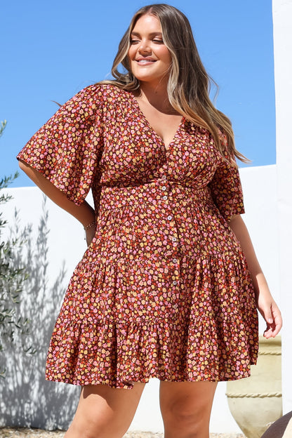 Sana Mini Dress - Bell Sleeve Button Down V Neck Dress in Rosina Print