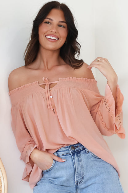 Sarah Top - Off Shoulder Ruffled Sleeve Top in Blush