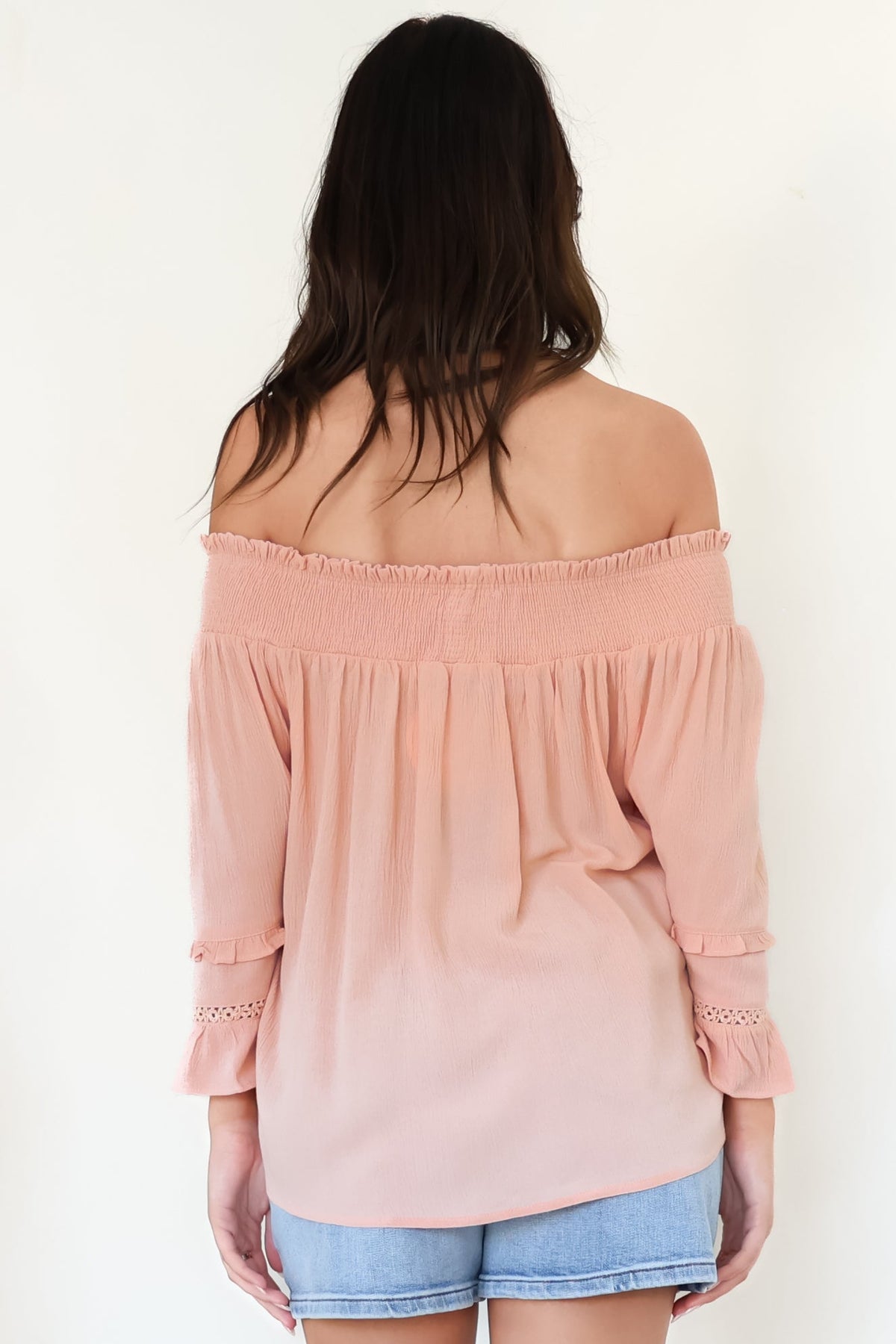 Sarah Top - Off Shoulder Ruffled Sleeve Top in Blush