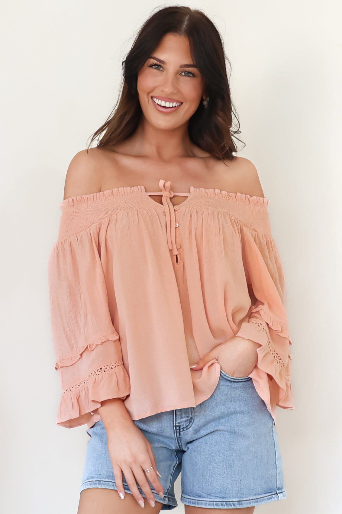 Sarah Top - Off Shoulder Ruffled Sleeve Top in Blush