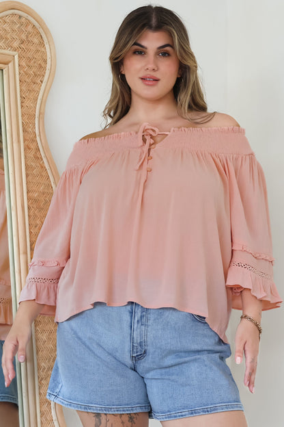 Sarah Top - Off Shoulder Ruffled Sleeve Top in Blush