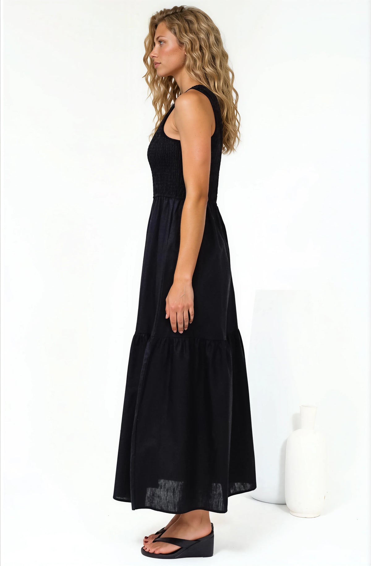 Sarlita Midi Dress - Shirred Bodice Sleeveless Tiered Dress with Pockets in Black