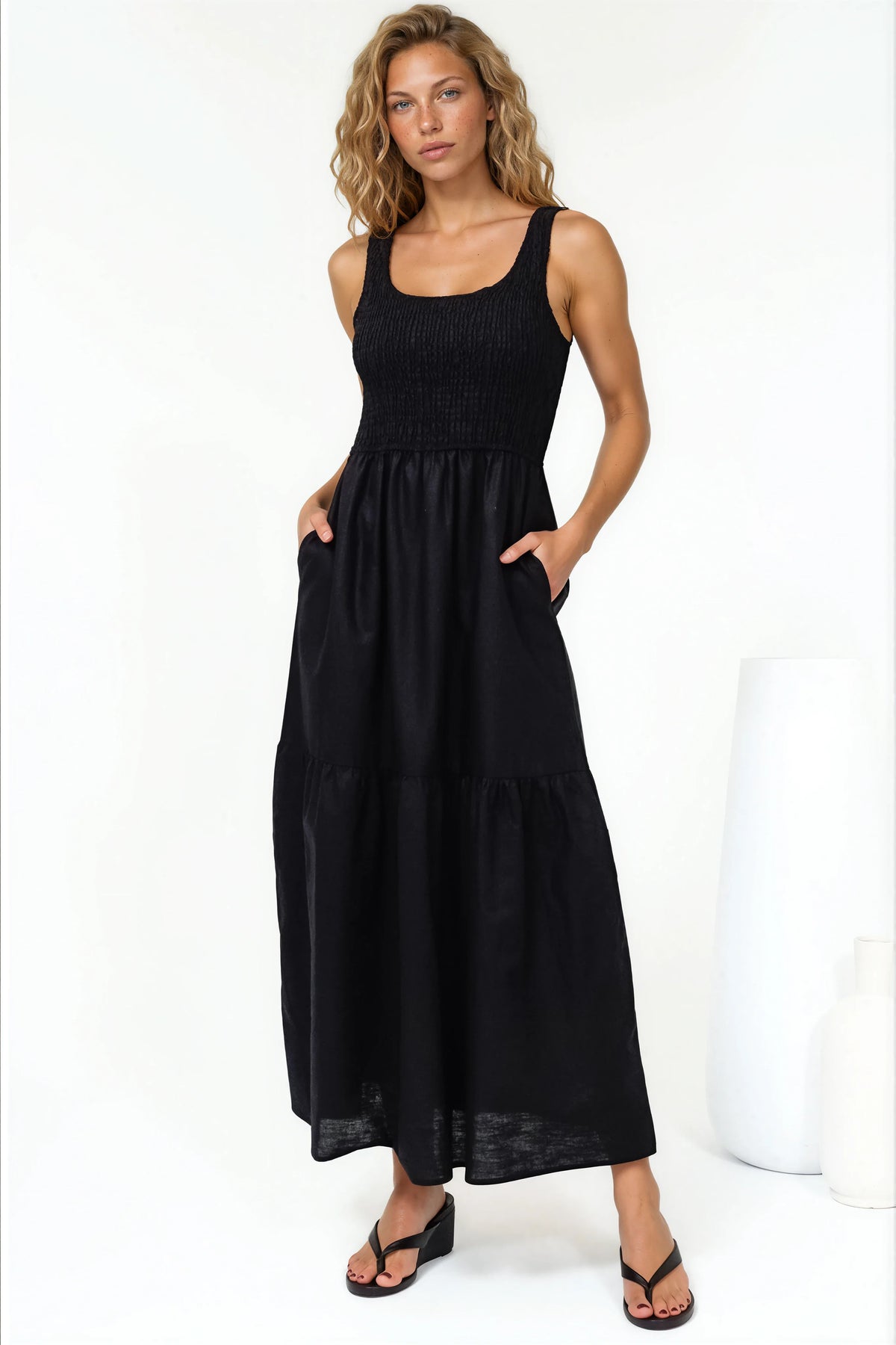 Sarlita Midi Dress - Shirred Bodice Sleeveless Tiered Dress with Pockets in Black