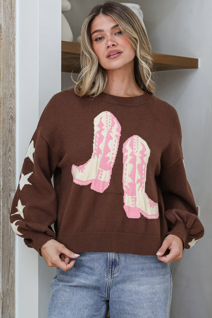Scoot Jumper - Crew Neck Cowgirl Boot & Star Motif Knit with Balloon Sleeves in Chocolate