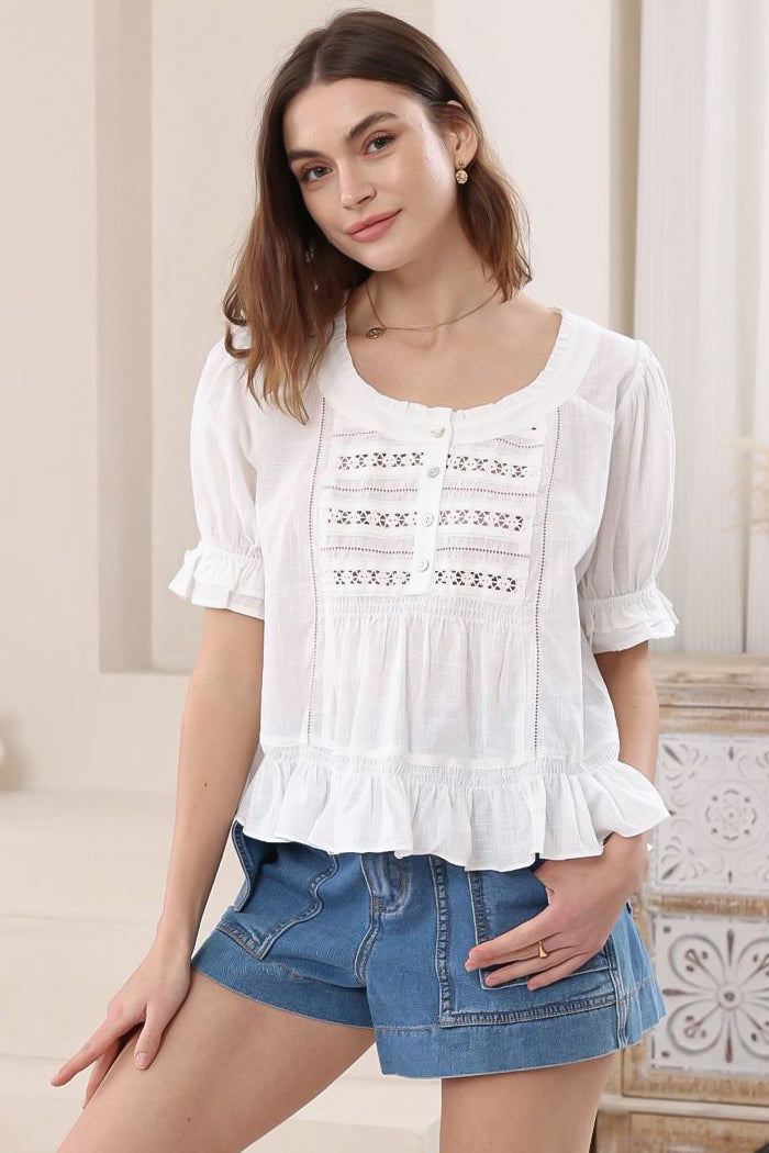 Selma Top - Round Neck Lace Detailed Pull Over Top in White