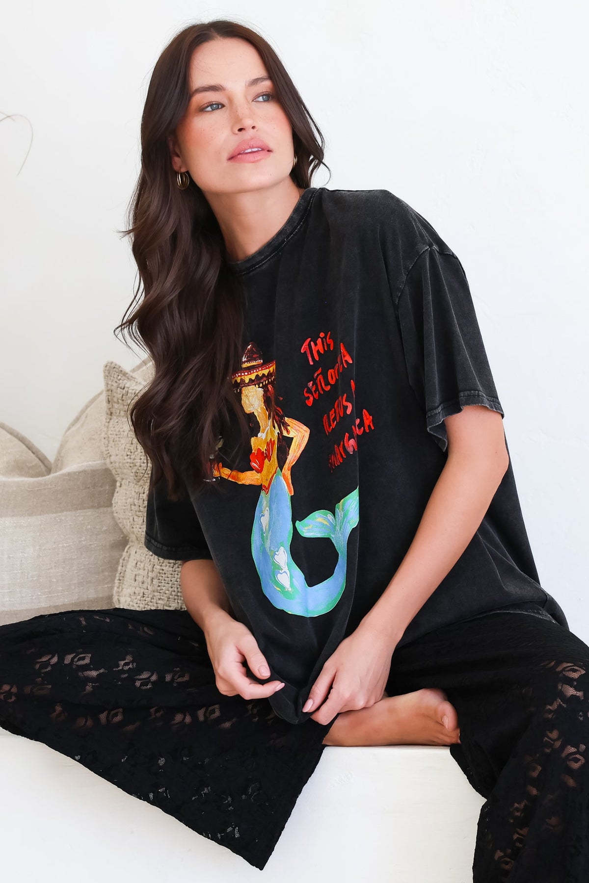 Senorita Margarita Tee - Crew Neck Oversized Graphic Tee in Black Acid Wash
