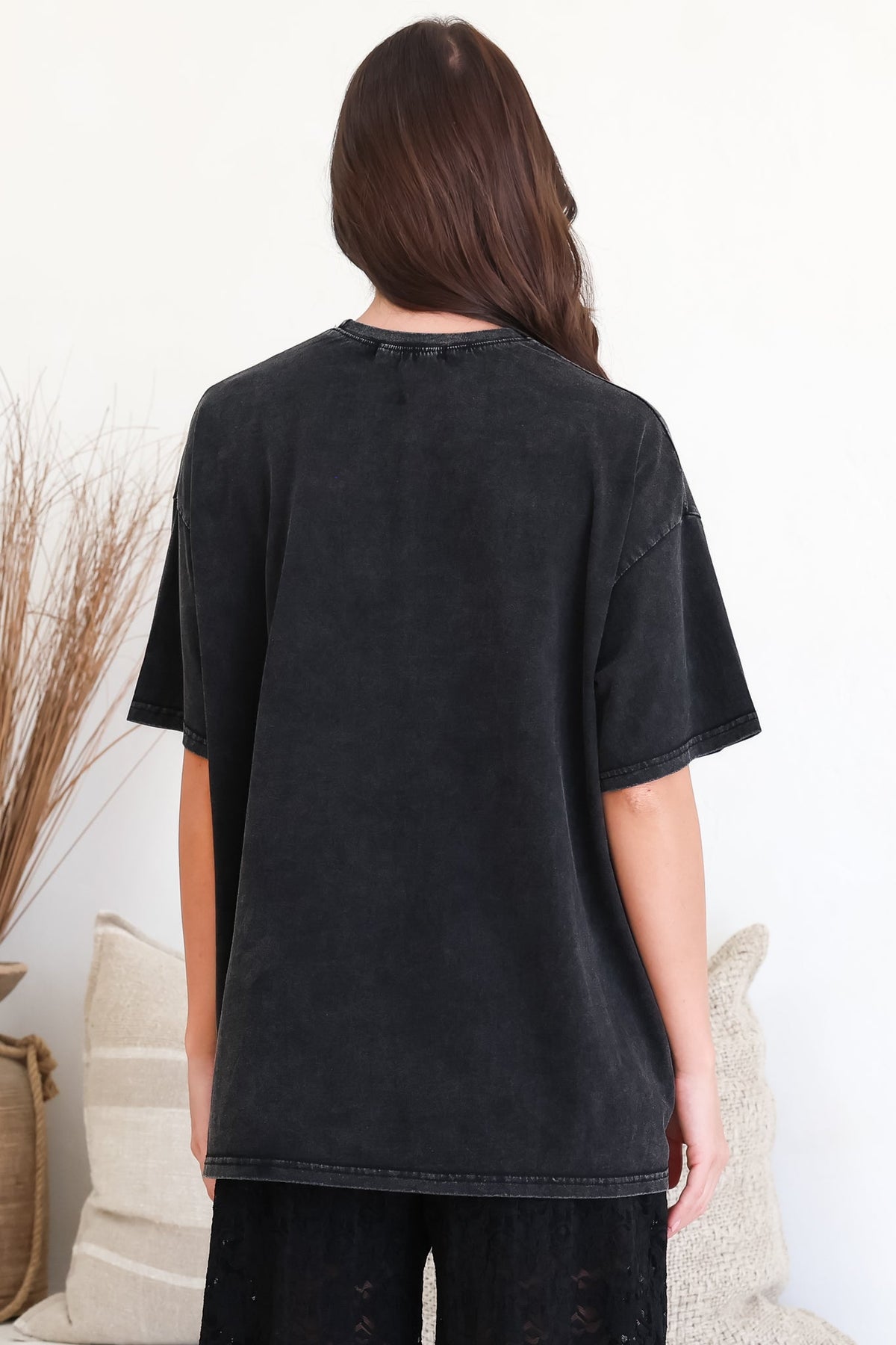 Senorita Margarita Tee - Crew Neck Oversized Graphic Tee in Black Acid Wash