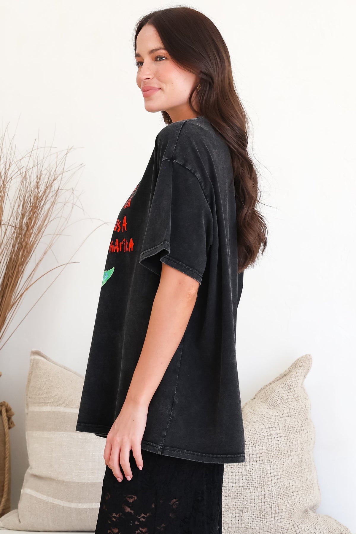 Senorita Margarita Tee - Crew Neck Oversized Graphic Tee in Black Acid Wash