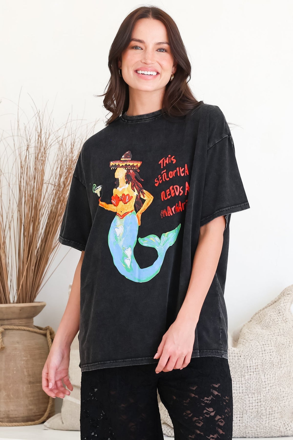 Senorita Margarita Tee - Crew Neck Oversized Graphic Tee in Black Acid Wash