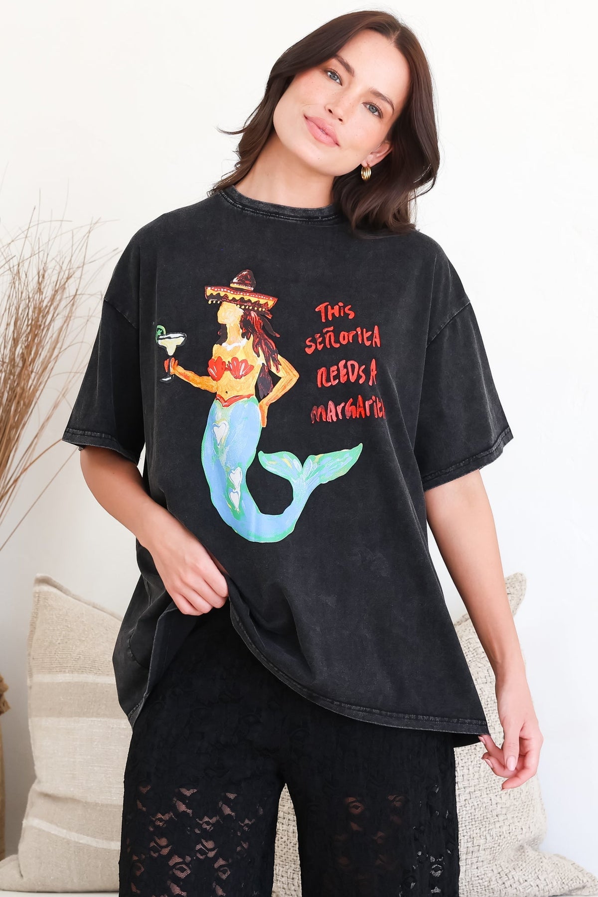 Senorita Margarita Tee - Crew Neck Oversized Graphic Tee in Black Acid Wash