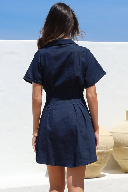 Sharlan Mini Dress - A-Line Button Detailed Denim Dress in Dark Denim
