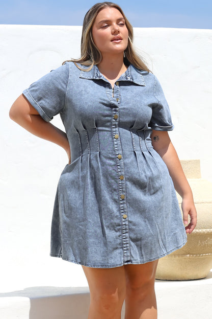 Sharlan Mini Dress - A-Line Button Detailed Denim Dress in Mid Denim Wash