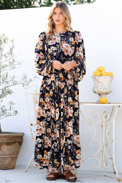 Sheyne Maxi Dress - Long Balloon Sleeve Elasicated Waist A Line Dress in Autumn Print
