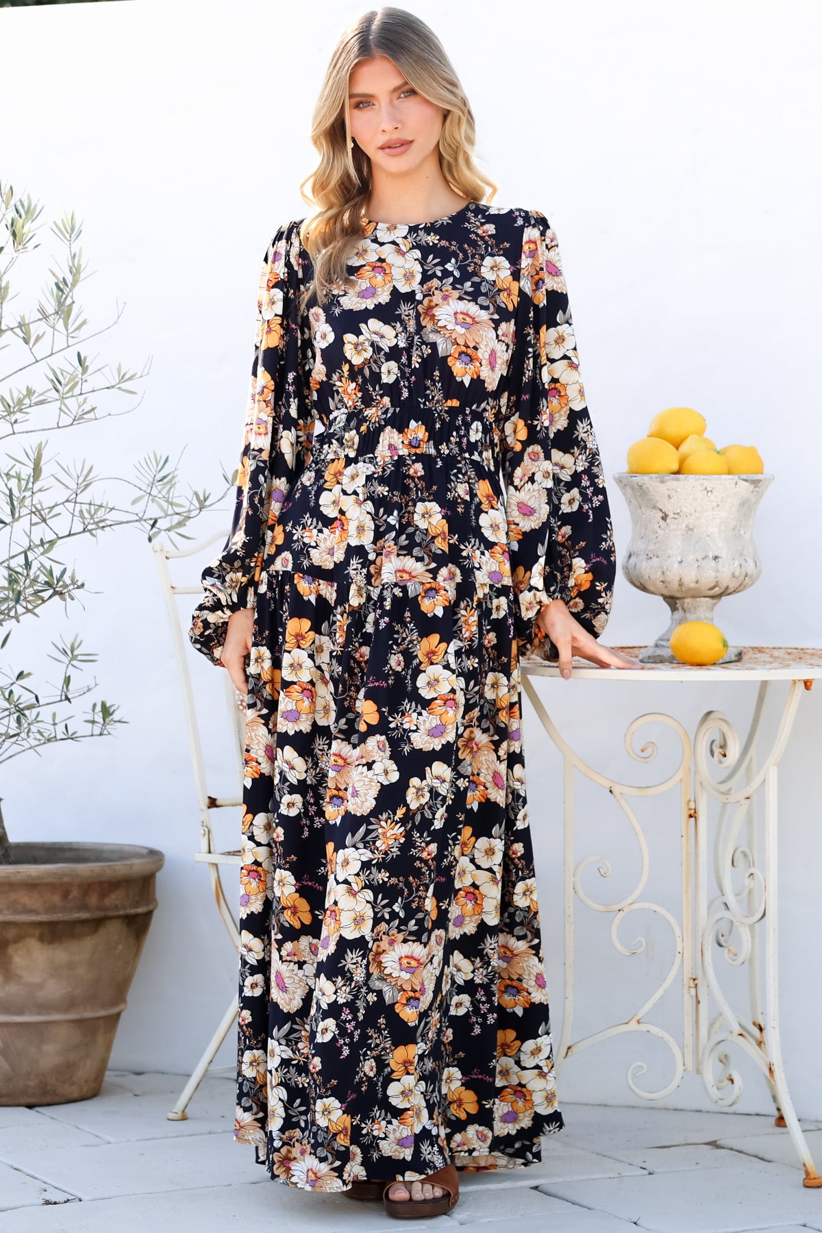 Sheyne Maxi Dress - Long Balloon Sleeve Elasicated Waist A Line Dress in Autumn Print