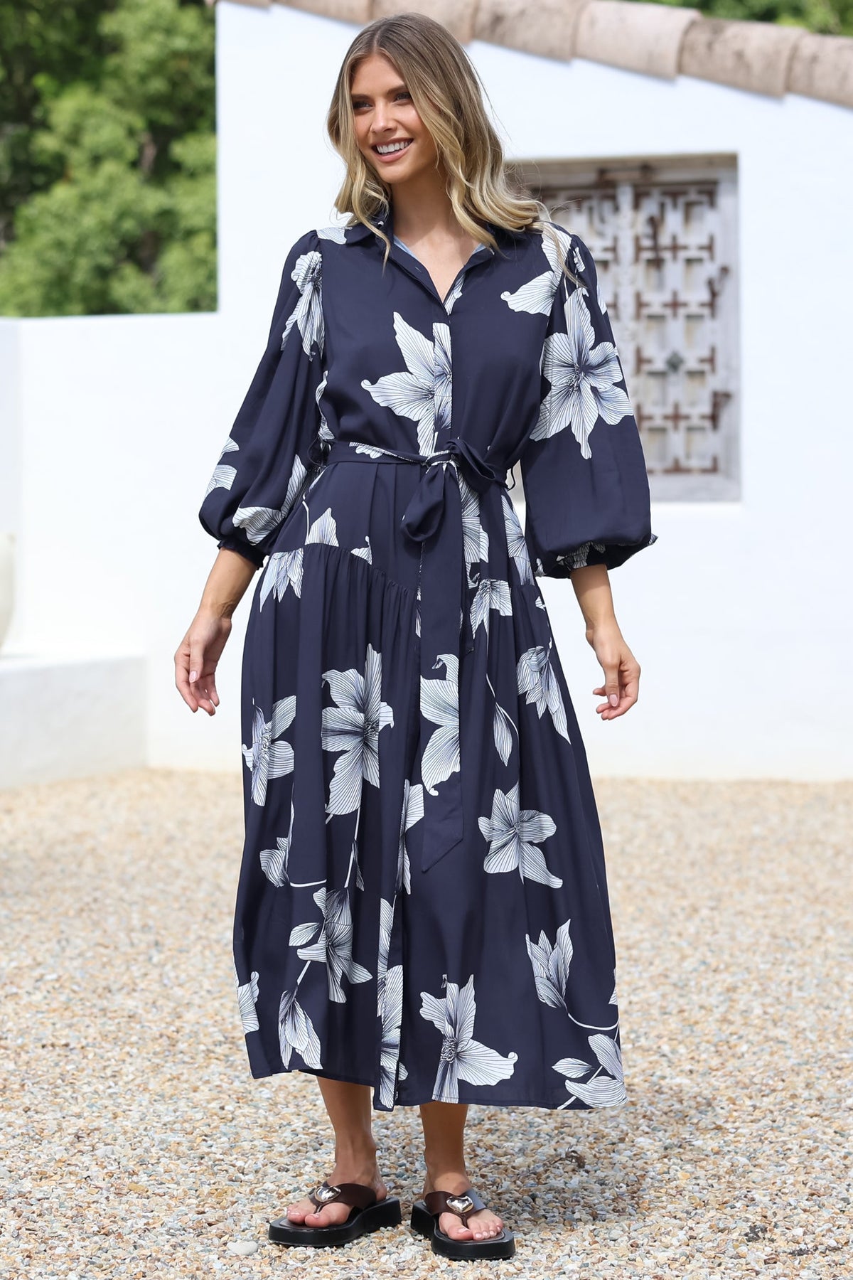 Skandi Midi Dress - Button Down Billow Sleeve Shirt Dress with Waist Tie in Midnight Lily Print