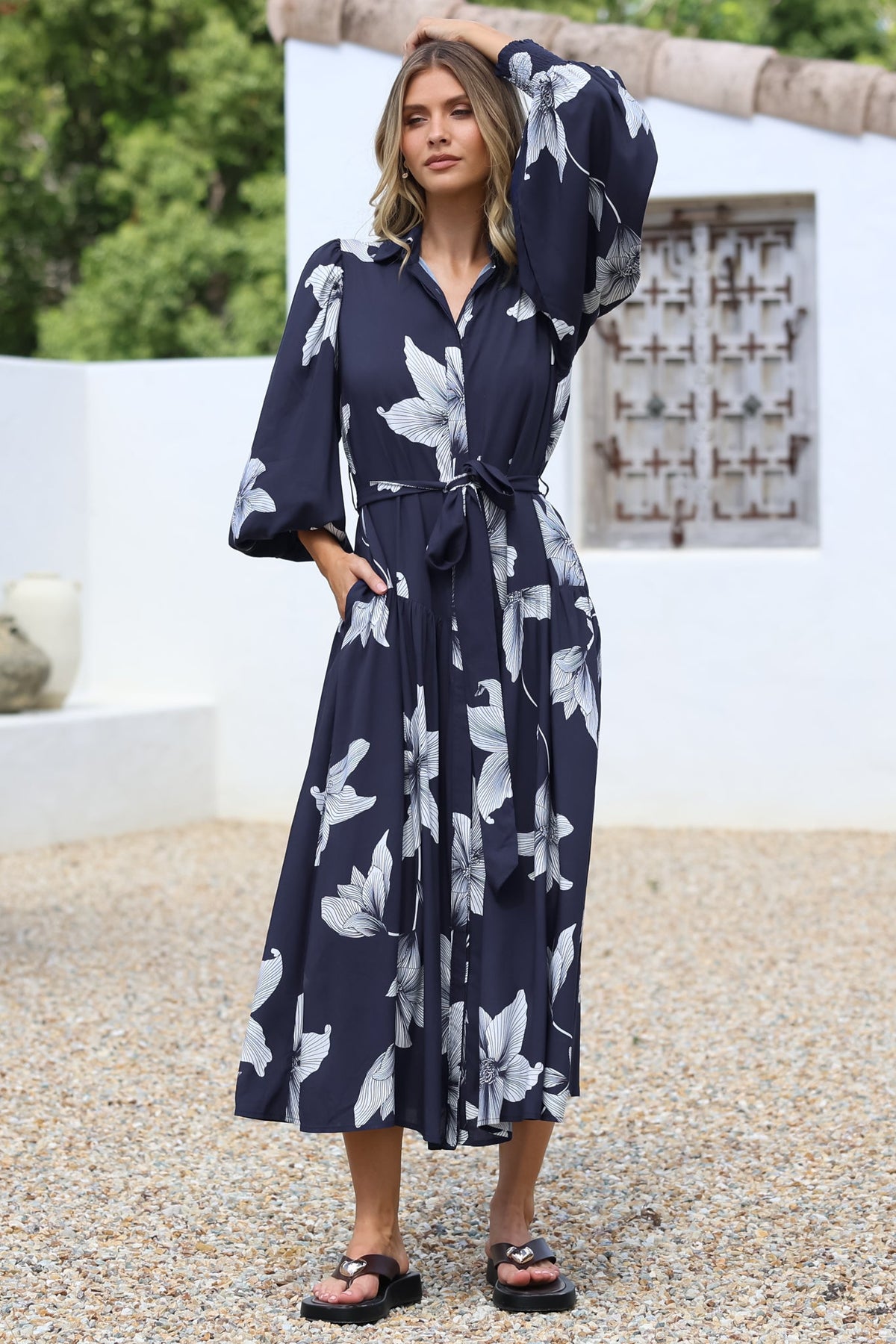 Skandi Midi Dress - Button Down Billow Sleeve Shirt Dress with Waist Tie in Midnight Lily Print
