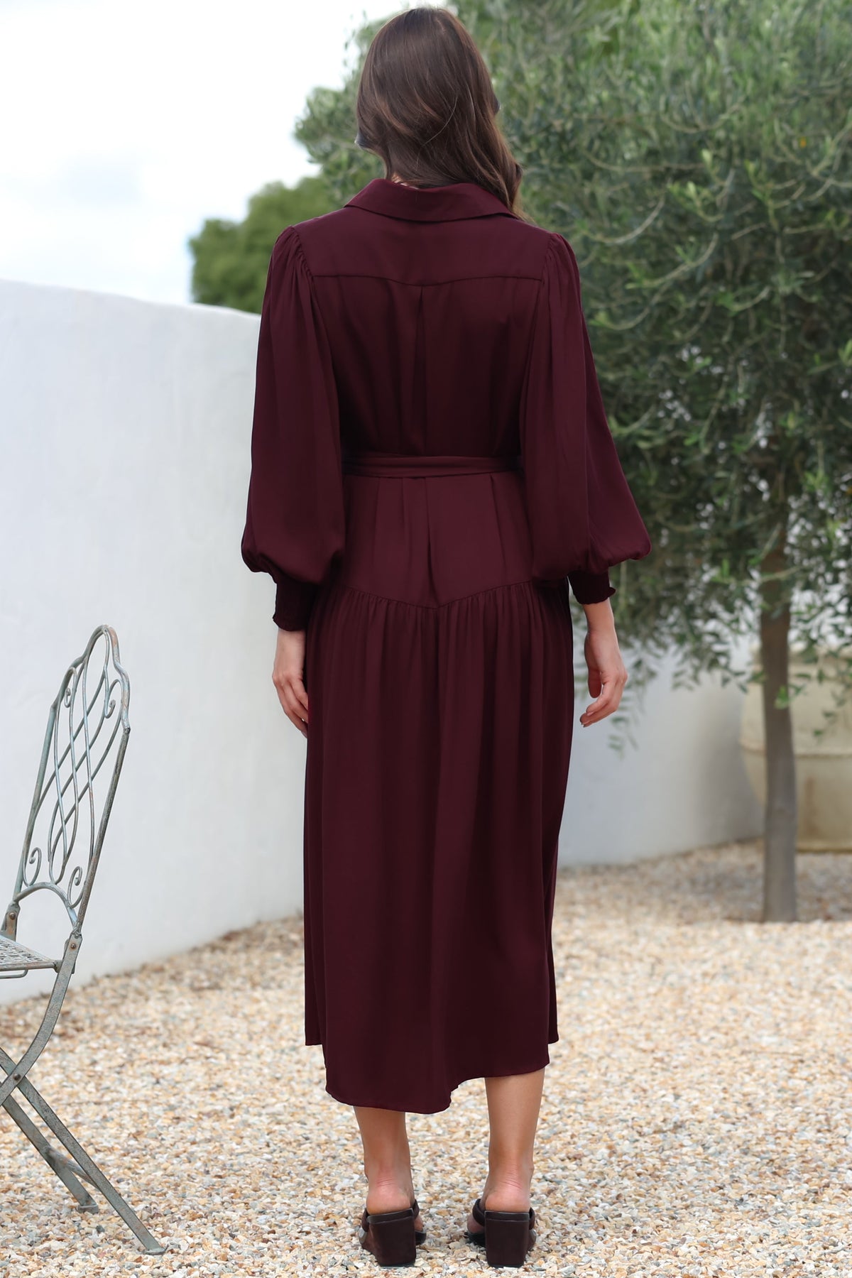 Skandi Midi Dress - Button Down Billow Sleeve Shirt Dress with Waist Tie in Wine