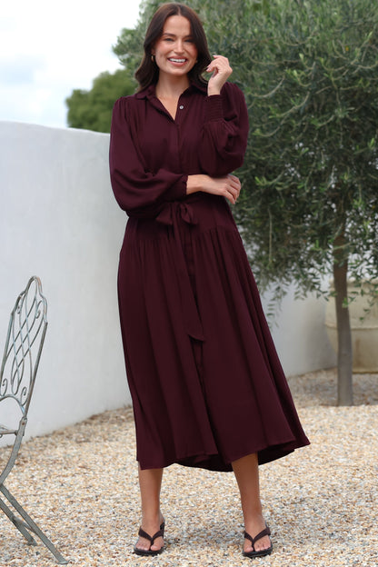 Skandi Midi Dress - Button Down Billow Sleeve Shirt Dress with Waist Tie in Wine