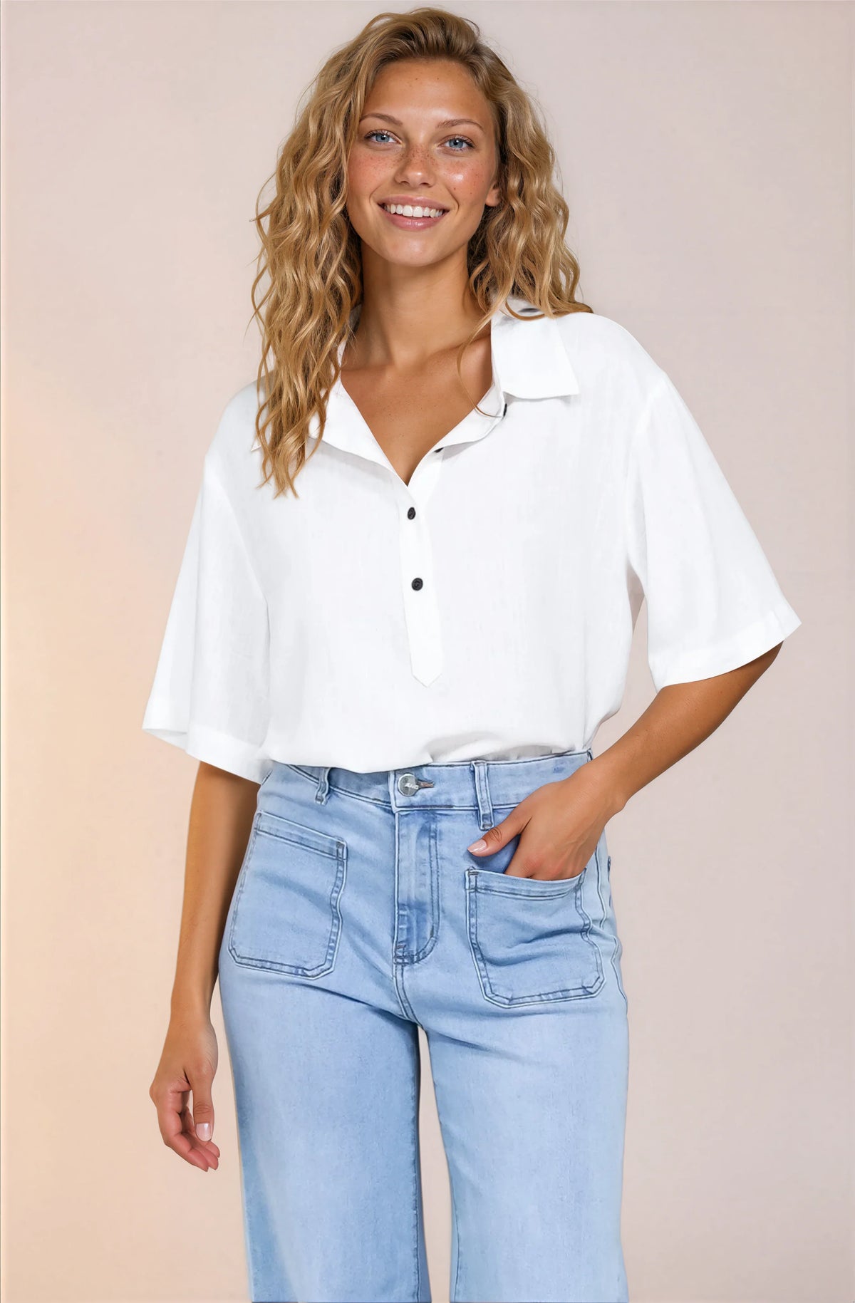 Solana Top - Collared Buttoned Neckline Boxy Tee in White
