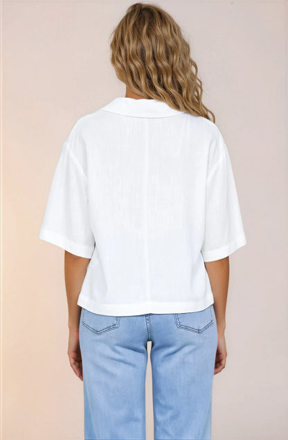 Solana Top - Collared Buttoned Neckline Boxy Tee in White