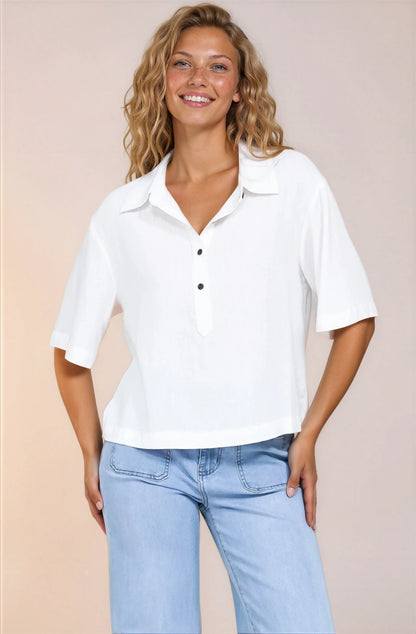 Solana Top - Collared Buttoned Neckline Boxy Tee in White