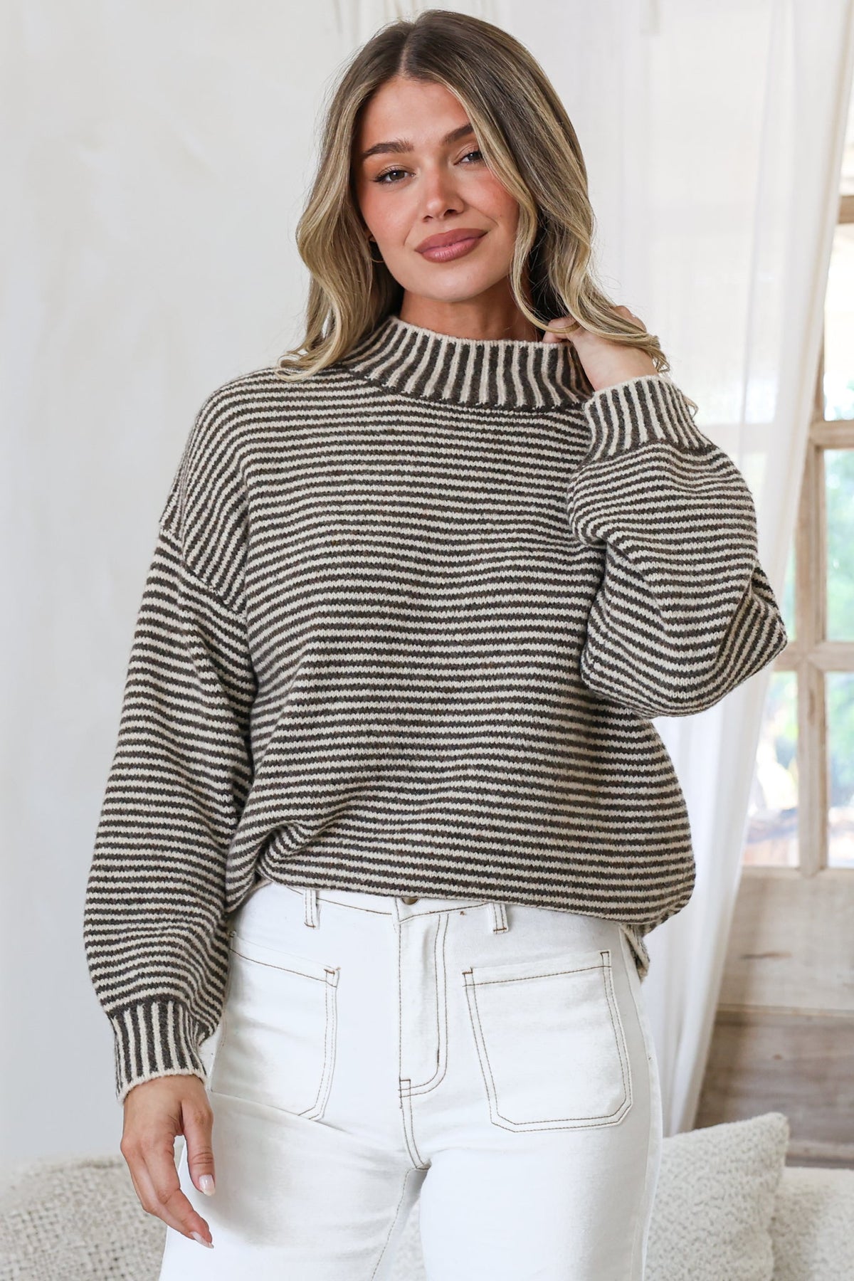 Stellan Jumper - Mock Neck Striped Ribbed Hem Knit in Cream/Chocolate