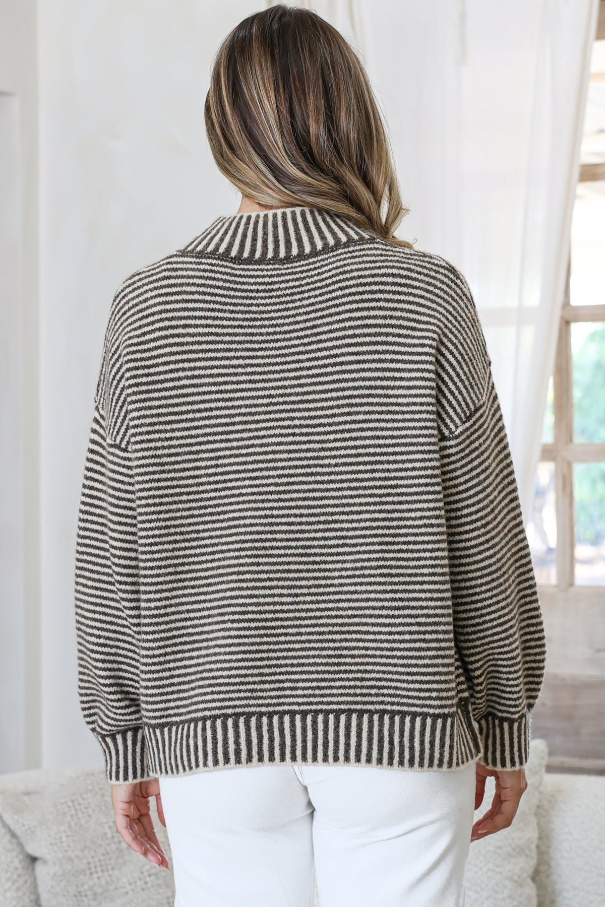 Stellan Jumper - Mock Neck Striped Ribbed Hem Knit in Cream/Chocolate