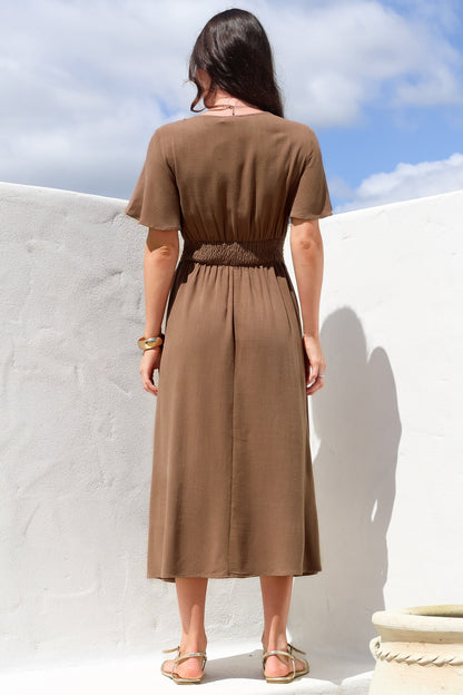Stellar Midi Dress - Flutter Sleeve A-Line Dress with Pin Tuck Waist Detail in Chocolate
