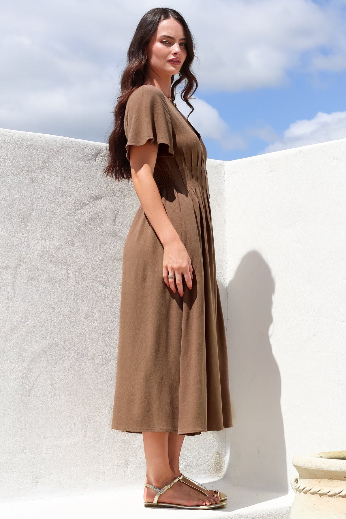 Stellar Midi Dress - Flutter Sleeve A-Line Dress with Pin Tuck Waist Detail in Chocolate
