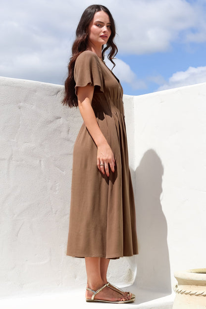 Stellar Midi Dress - Flutter Sleeve A-Line Dress with Pin Tuck Waist Detail in Chocolate