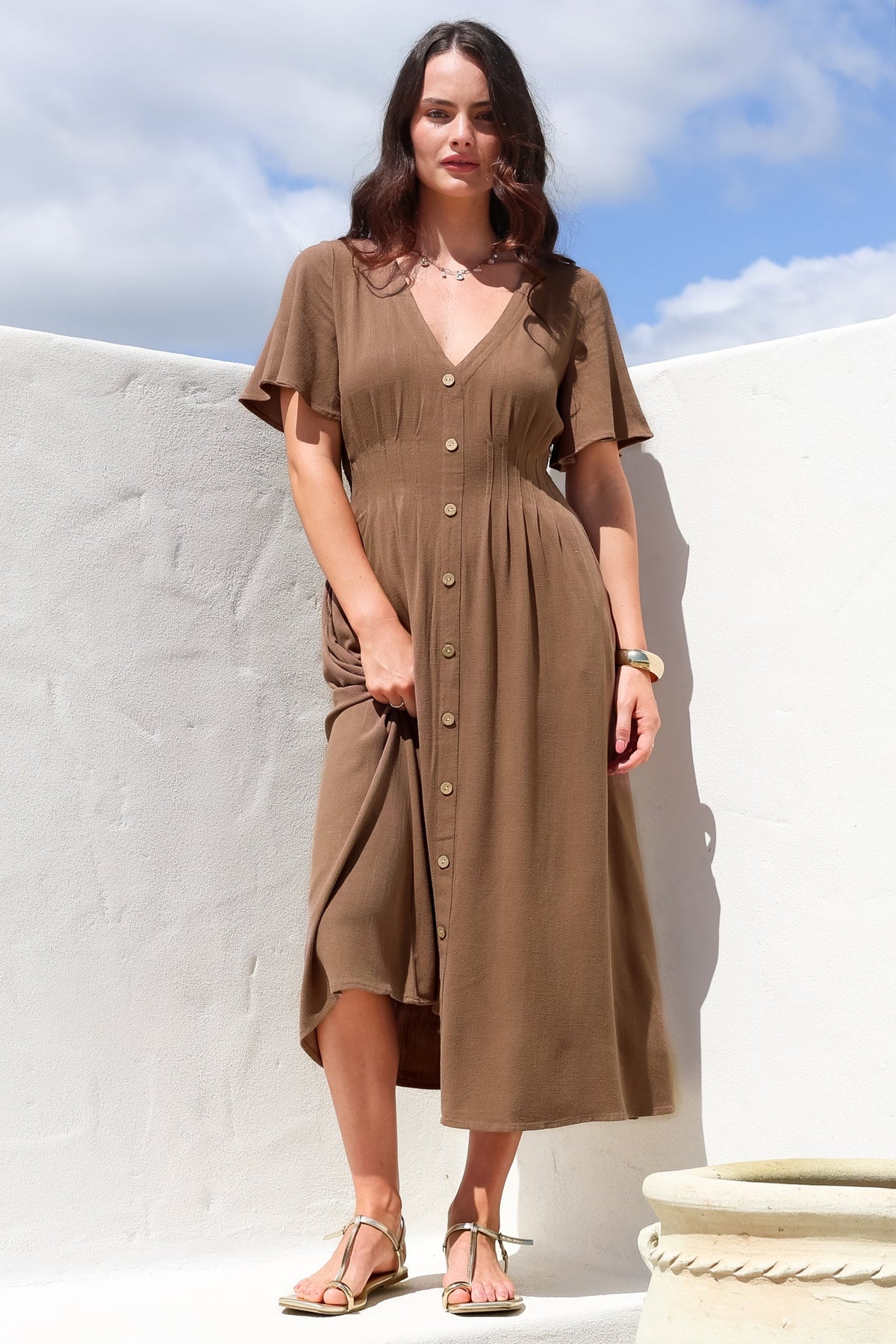Stellar Midi Dress - Flutter Sleeve A-Line Dress with Pin Tuck Waist Detail in Chocolate