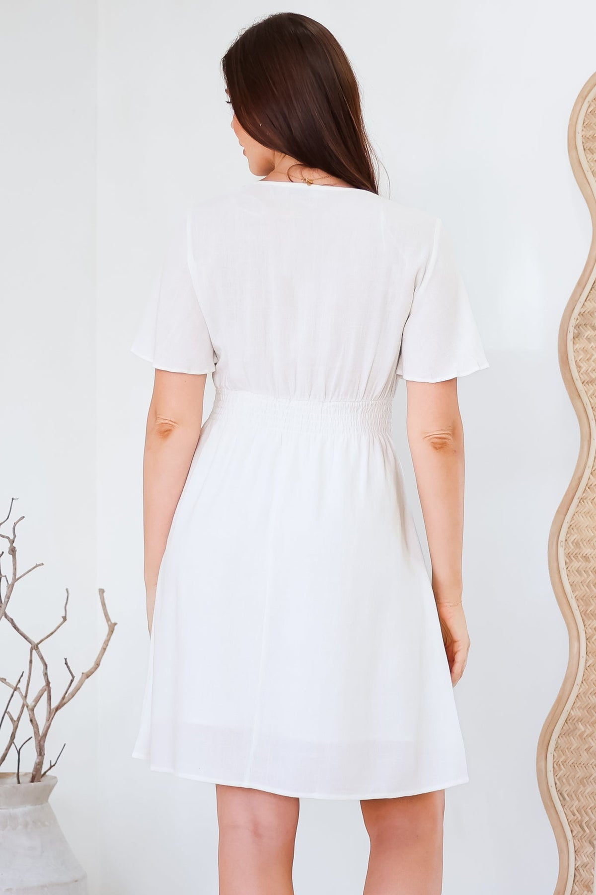Stellar Mini Dress - Flutter Sleeve A-Line Dress with Pin Tuck Waist Detail in White