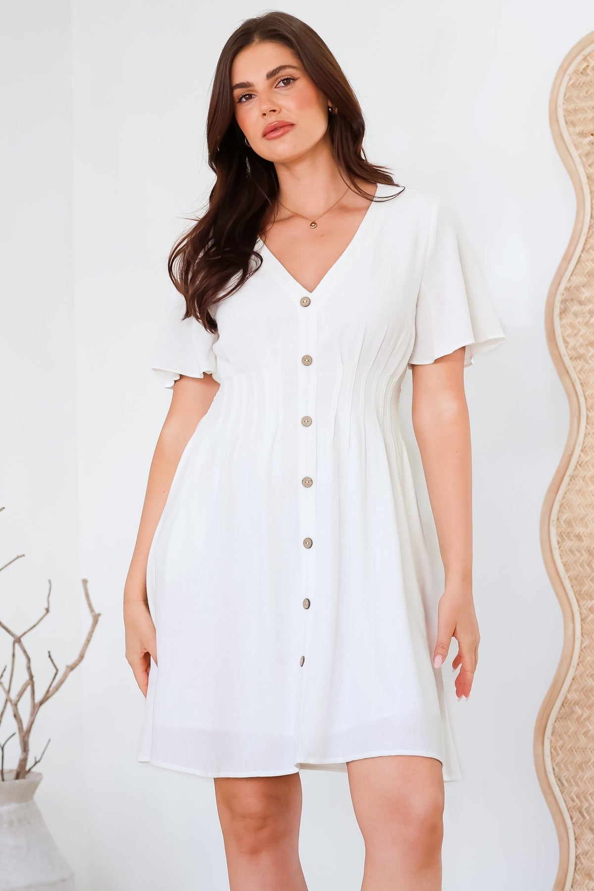 Stellar Mini Dress - Flutter Sleeve A-Line Dress with Pin Tuck Waist Detail in White